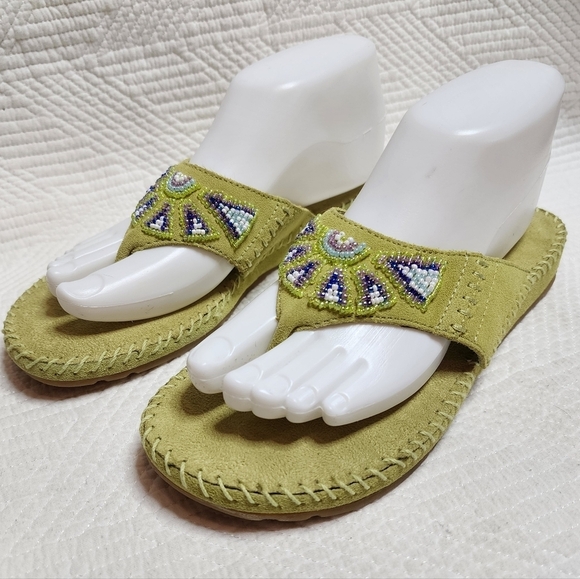 Minnetonka Green Leather Beaded Flip Flop Thong Sandals Size 7 New - Picture 15 of 16